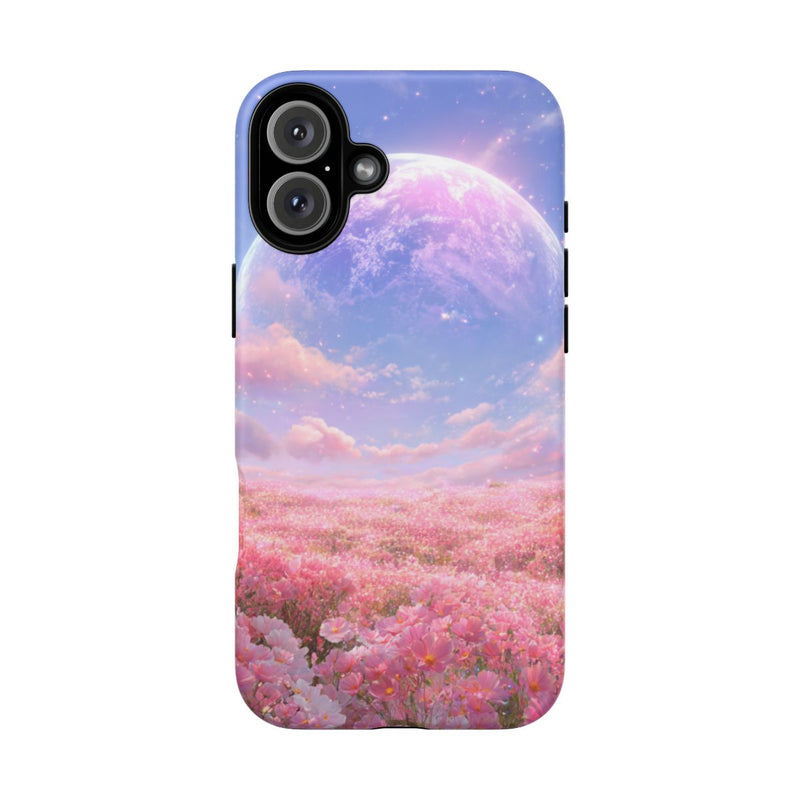 Roze Bloemenveld met Gloeiende Planeet