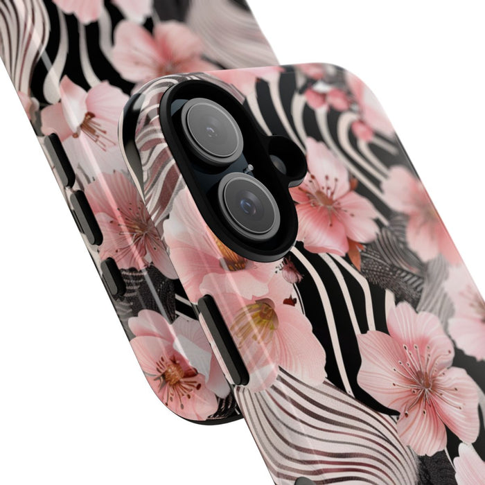 Roze Kersenbloesems met Zwart-Wit Abstract Patroon