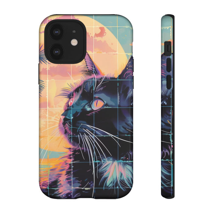 Lofi Vaporwave Kat met Zonsondergang en Palmen