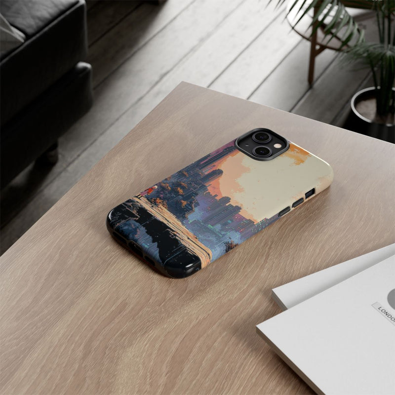 Pixel Art Stadsgezicht met Grote Maan