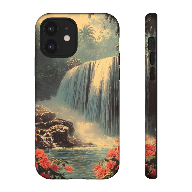 Tropische Waterval met Rode Bloemen