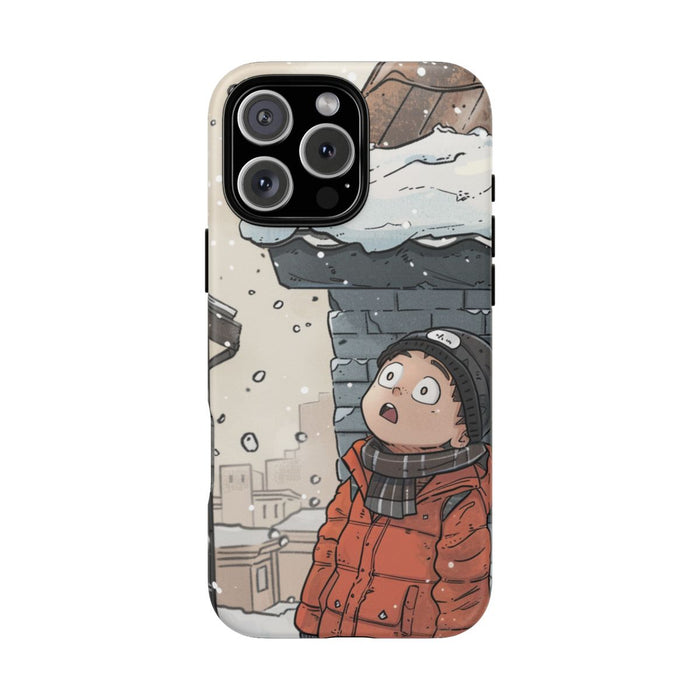 Chibi Man met Oranje Winterjas Kijkt Naar Besneeuwd Dak