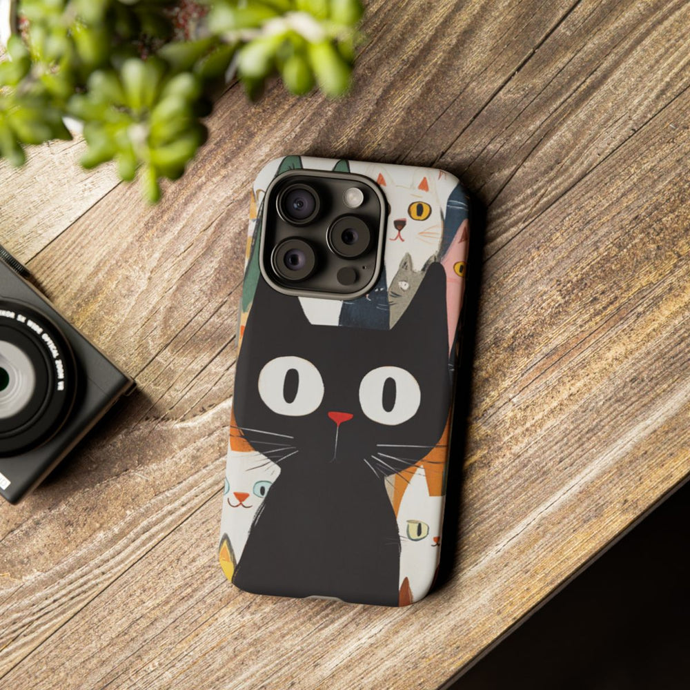 Grote Zwarte Kat met Kleurrijke Cartoonkatten