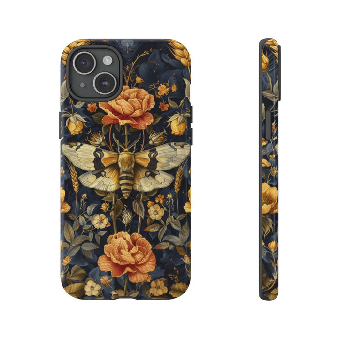 Gouden Bloemen en Mottenpatroon op Donkerblauw