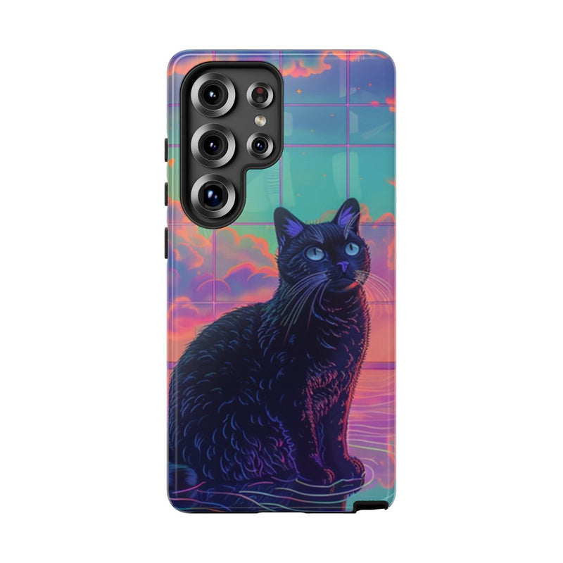 Zwarte Kat met Neonlucht Reflectie