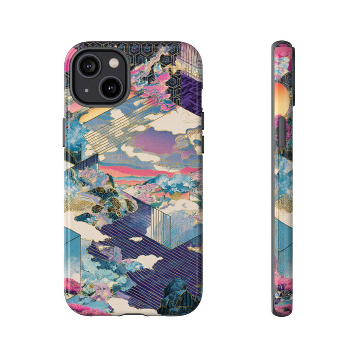 Abstracte Geometrische Landschap met Roze Bomen