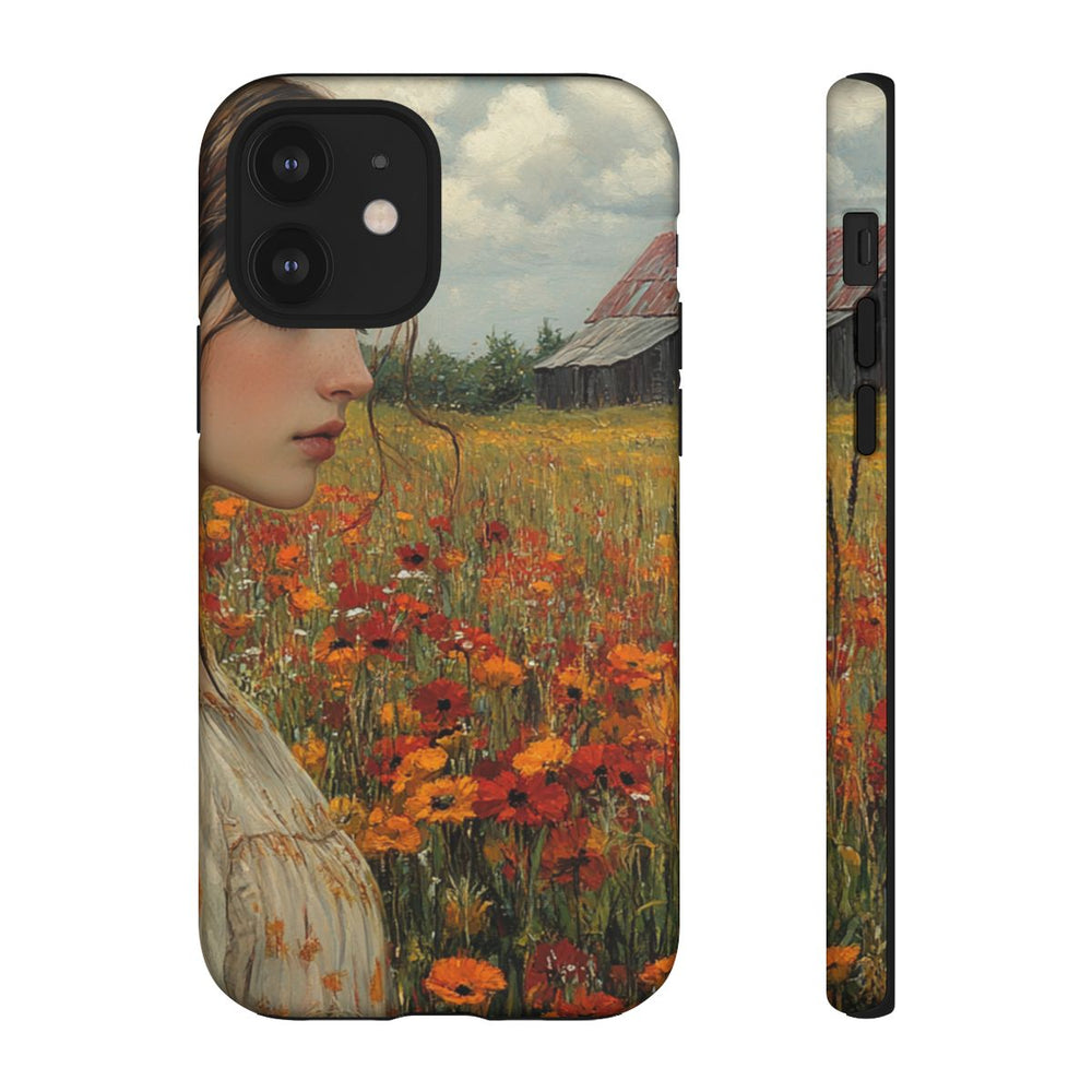 Jonge Vrouw in Bloemenveld met Schuur