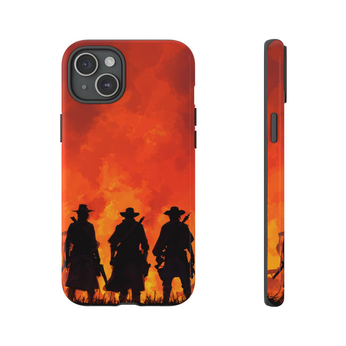 Silhouetten van Drie Cowboys tegen Vurige Zonsondergang