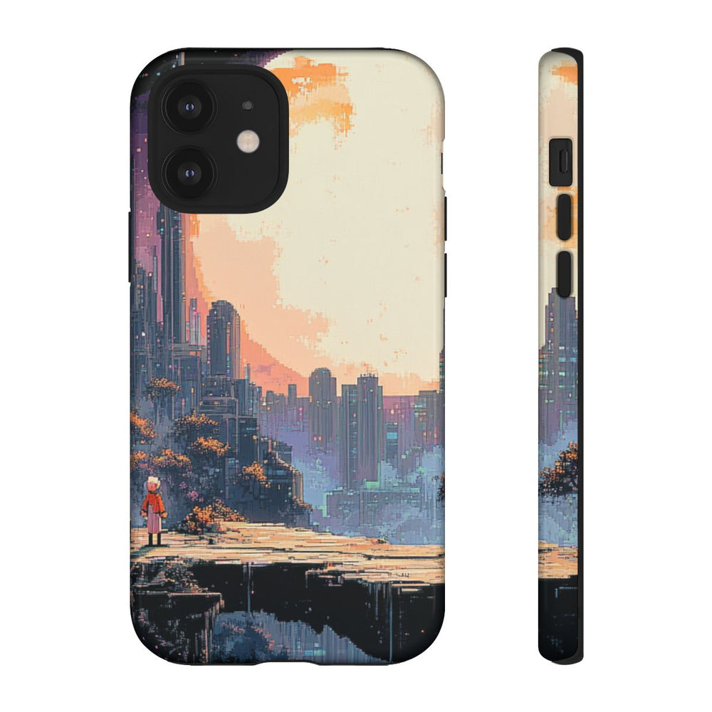 Pixel Art Stadsgezicht met Grote Maan