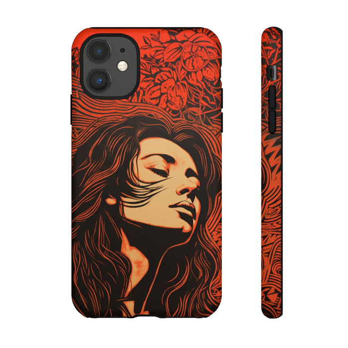 Linosnede Portret van Vrouw met Bloemen