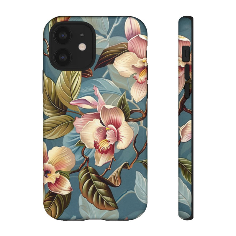 Orchideeën Bloemenpatroon op Blauwe Achtergrond