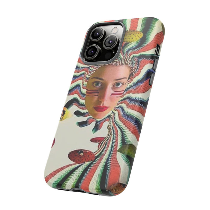 Surrealistisch Vrouwenportret met Kleurrijke Strepen en Zwevende Vormen