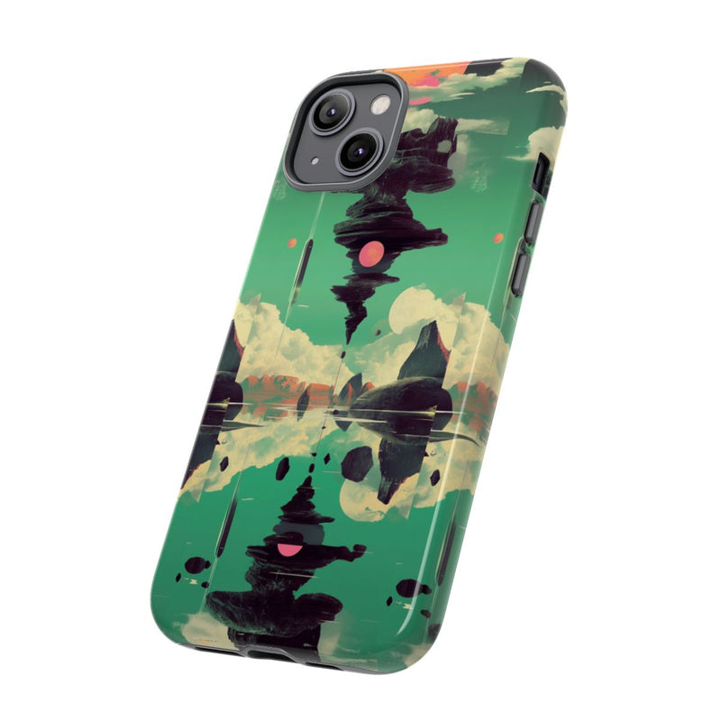 Surrealistisch Zwevende Rotsformatie met Roze Zonnen