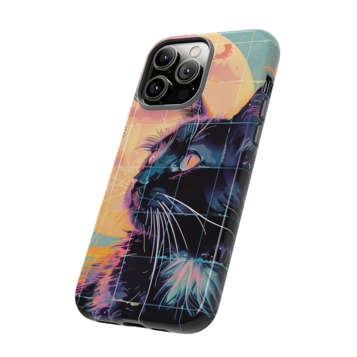 Lofi Vaporwave Kat met Zonsondergang en Palmen