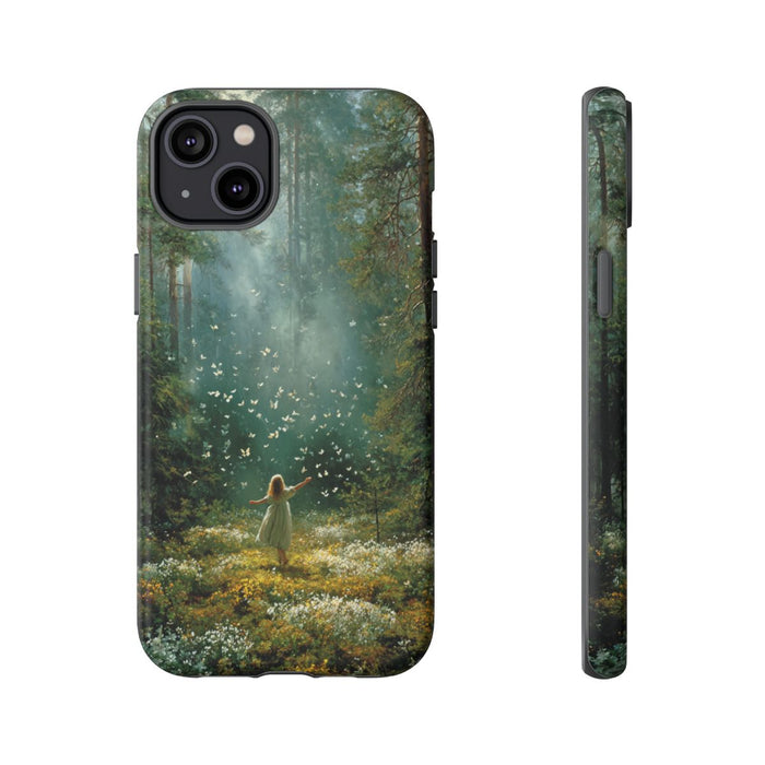 Meisje in Zonovergoten Bos met Vlinders