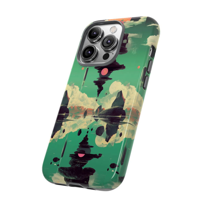 Surrealistisch Zwevende Rotsformatie met Roze Zonnen