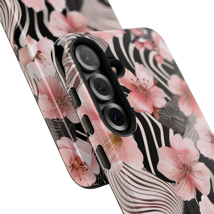 Roze Kersenbloesems met Zwart-Wit Abstract Patroon