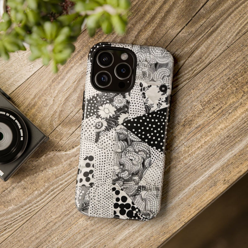 Zwart-Wit Patchwork met Bloemen en Stippen