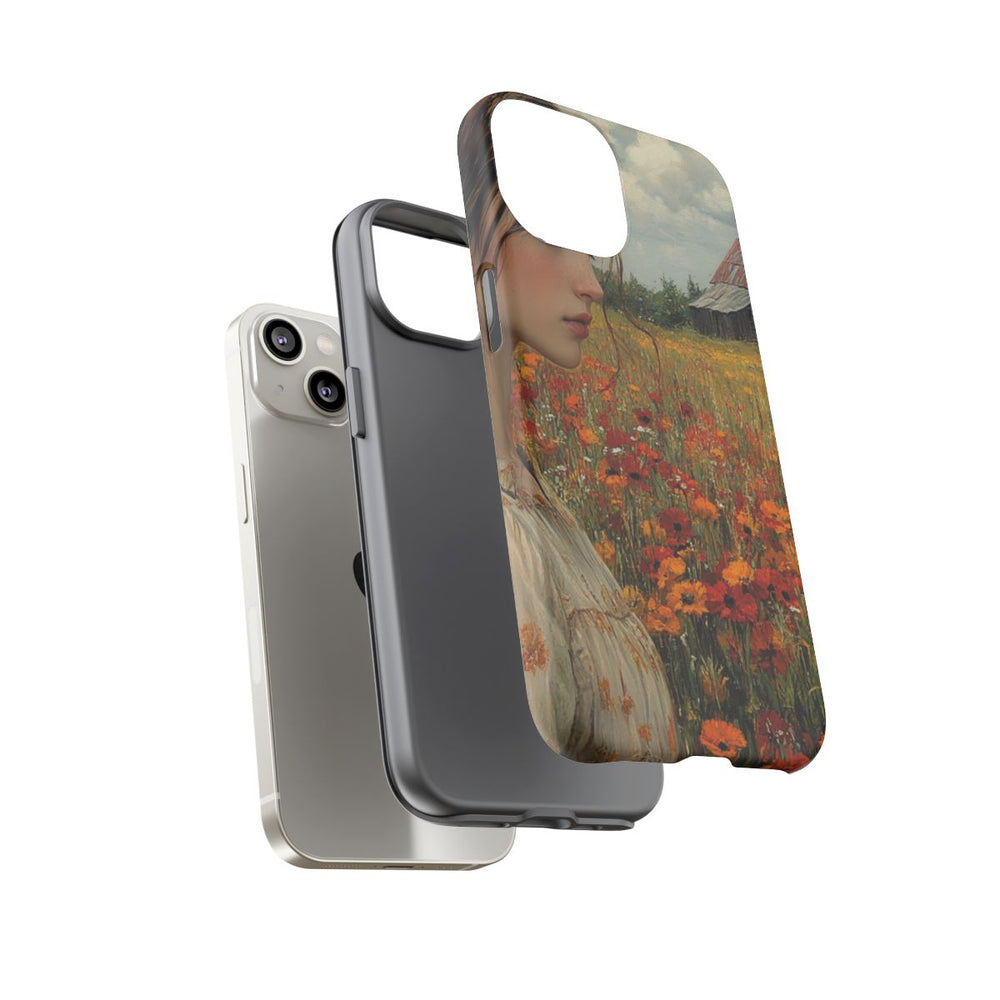 Jonge Vrouw in Bloemenveld met Schuur