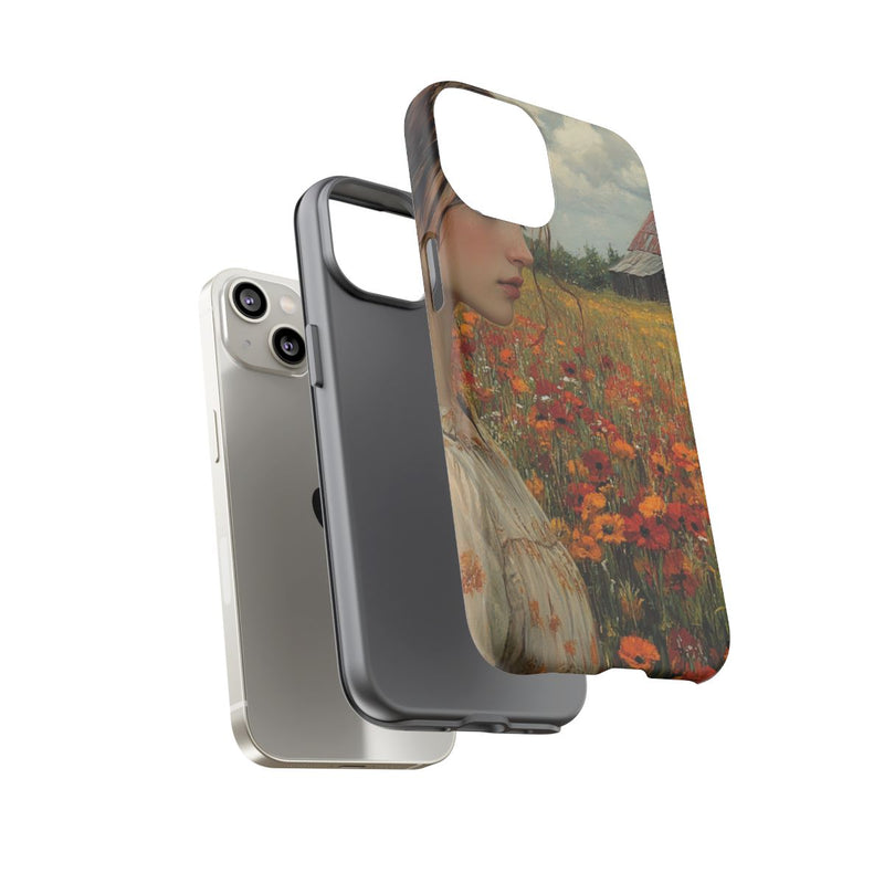 Jonge Vrouw in Bloemenveld met Schuur