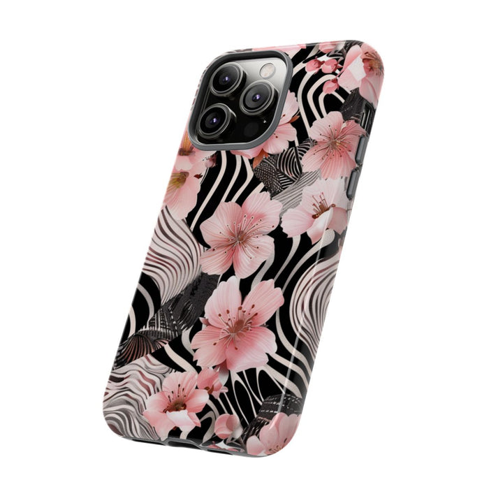 Roze Kersenbloesems met Zwart-Wit Abstract Patroon