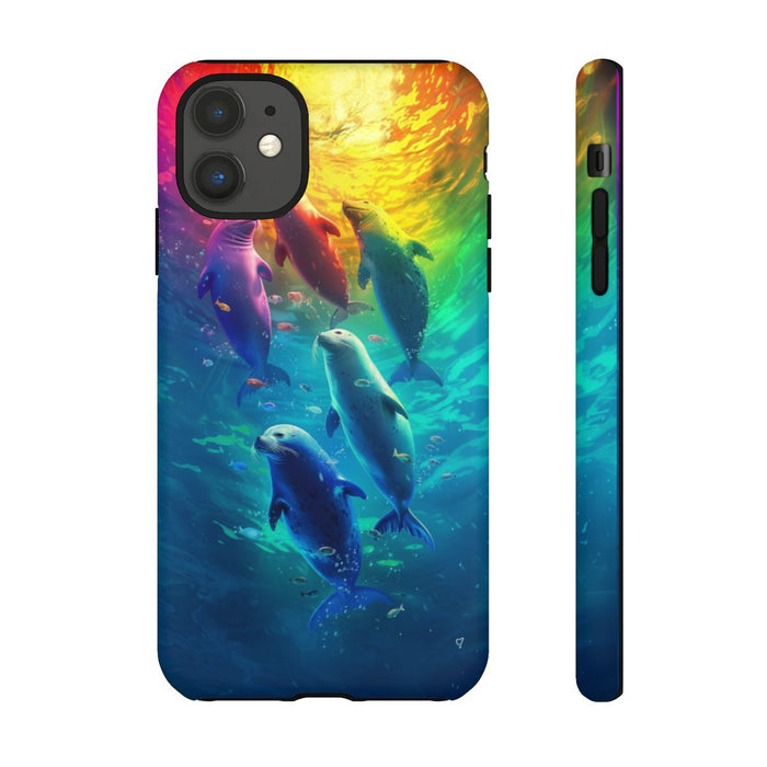 Kleurrijke Zeehonden Zwemmend Onder Stralend Licht