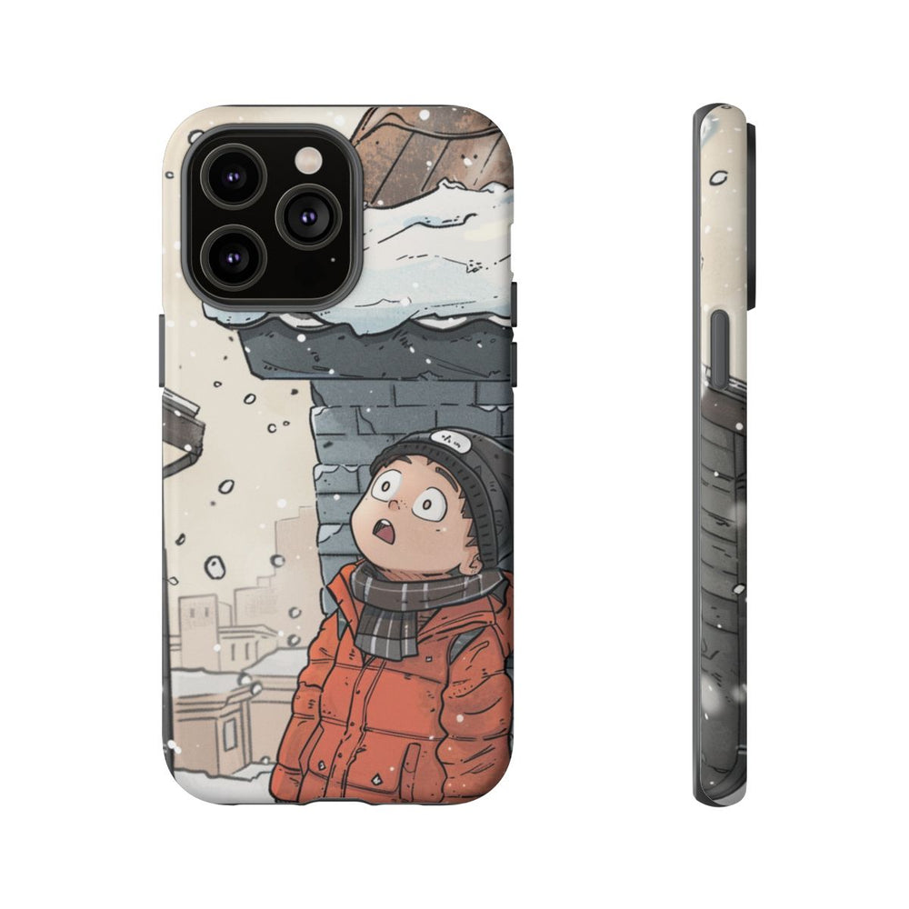 Chibi Man met Winterjas Kijkt Op naar Besneeuwd Dak