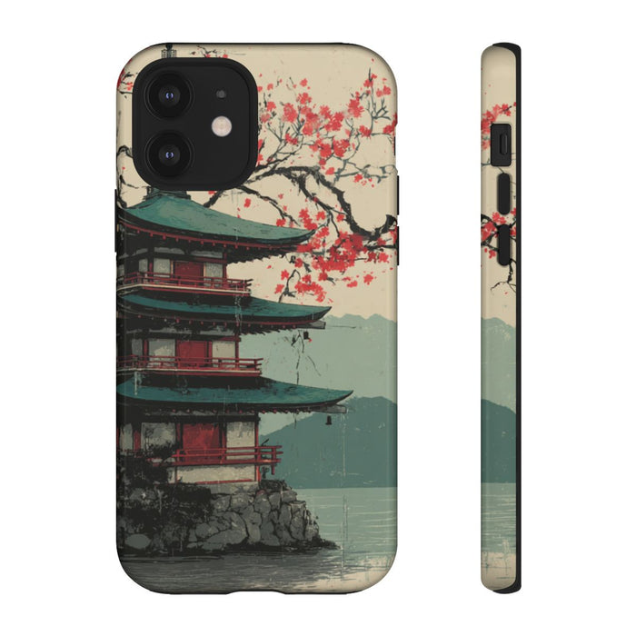 Pagode met Kersenbloesem en Rode Zon