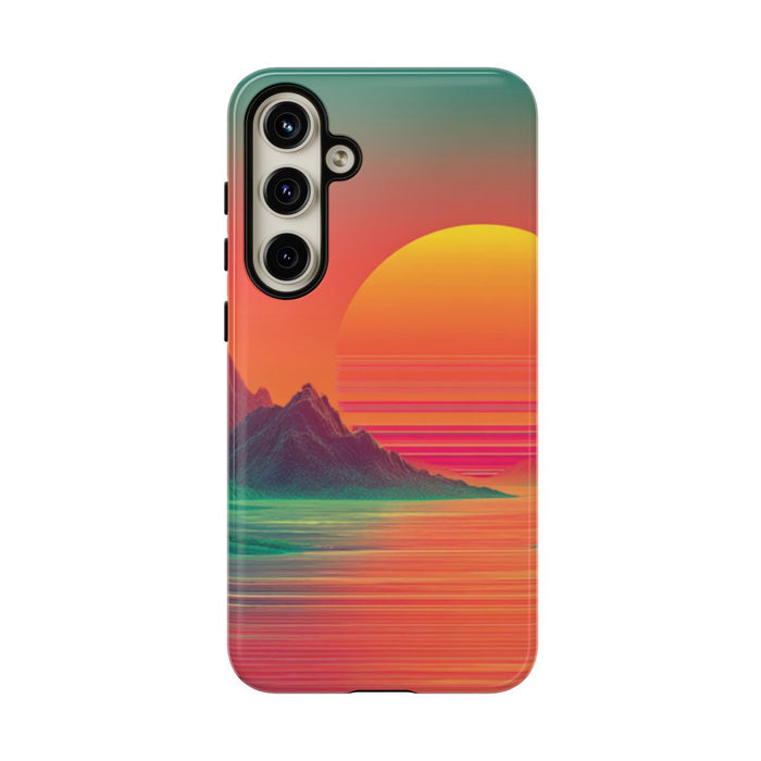 Neon Zonsondergang met Bergen en Zee