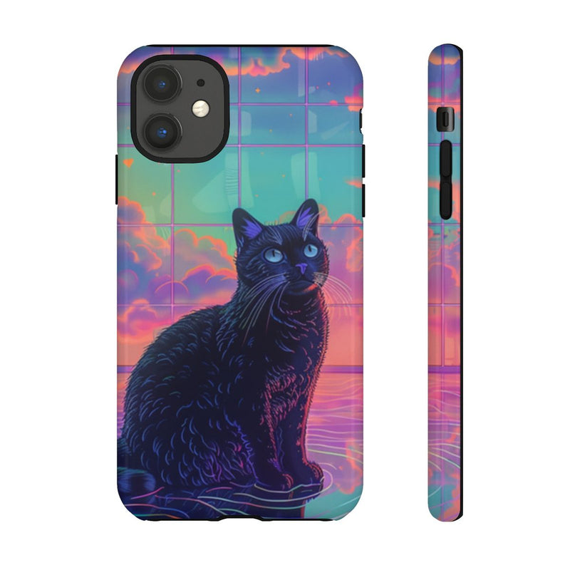 Zwarte Kat met Neonlucht Reflectie