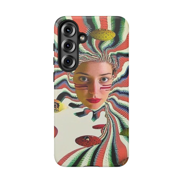 Surrealistisch Vrouwenportret met Kleurrijke Strepen en Zwevende Vormen