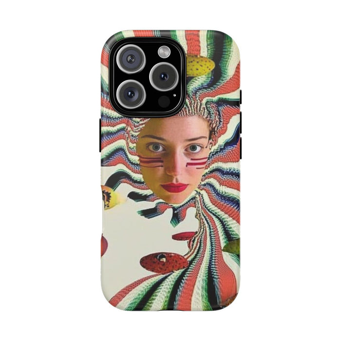 Surrealistisch Vrouwenportret met Gestreept Patroon en Zwevende Bollen