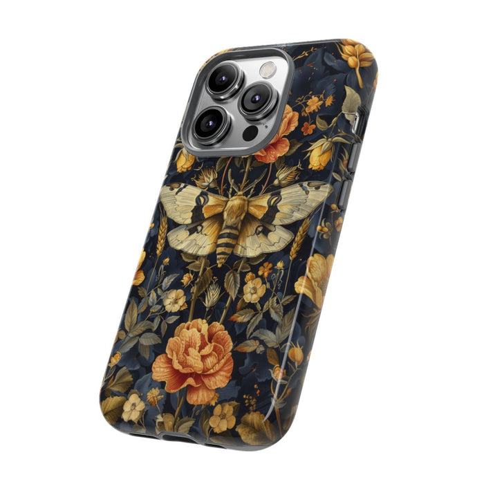 Gouden Bloemen en Mottenpatroon op Donkerblauw