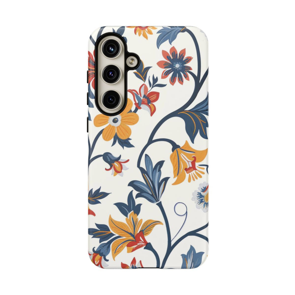 Retro Bloemenpatroon in Blauw, Rood en Geel