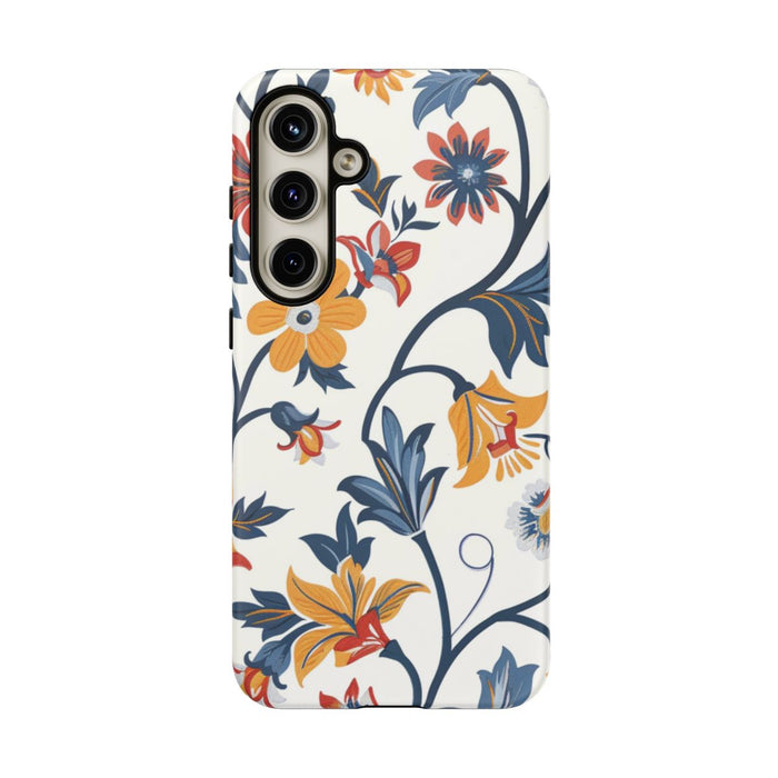 Retro Bloemenpatroon in Blauw, Rood en Geel