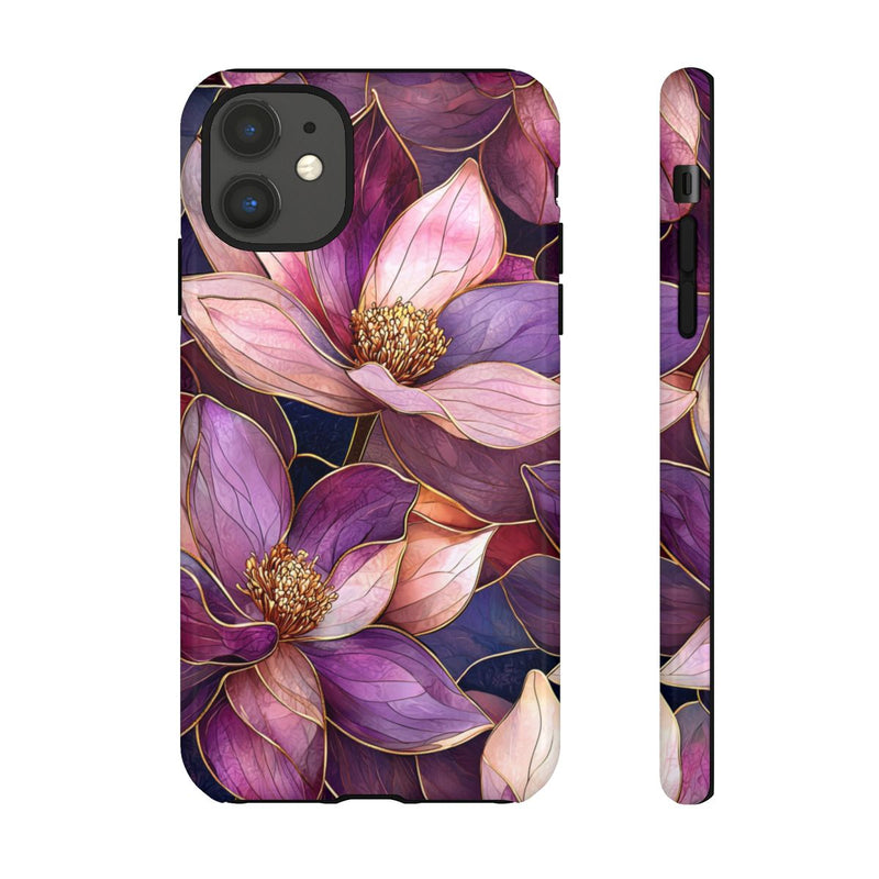 Paarse Magnolia Bloemen in Glas-in-lood