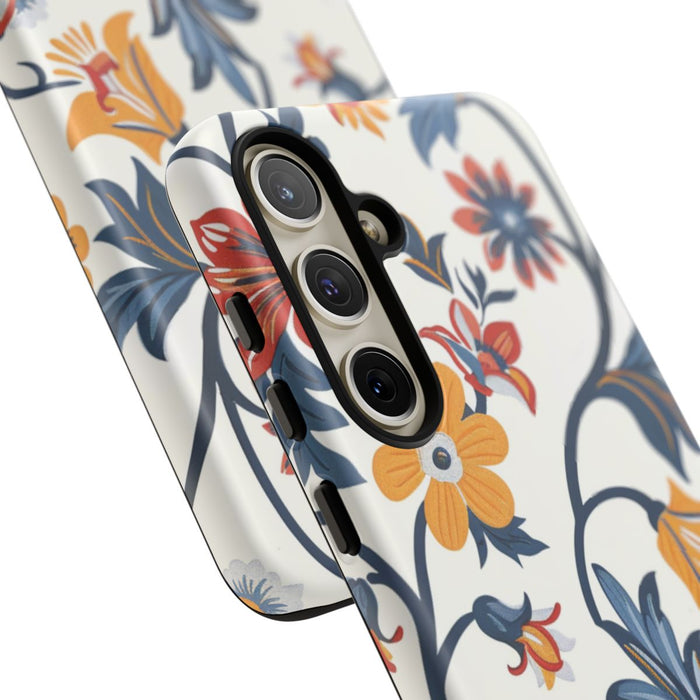 Retro Bloemenpatroon in Blauw, Rood en Geel