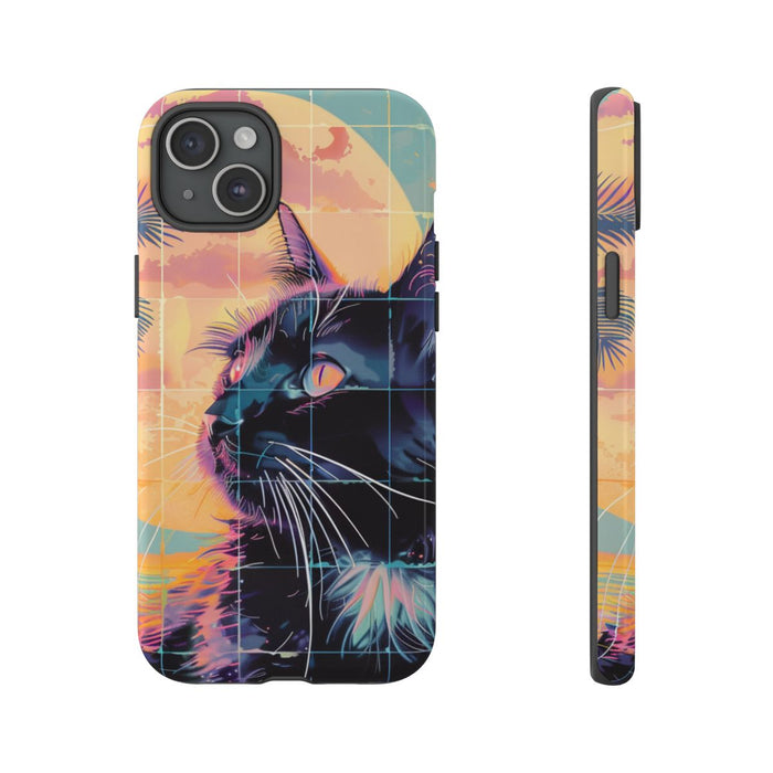Lofi Vaporwave Kat met Zonsondergang en Palmen