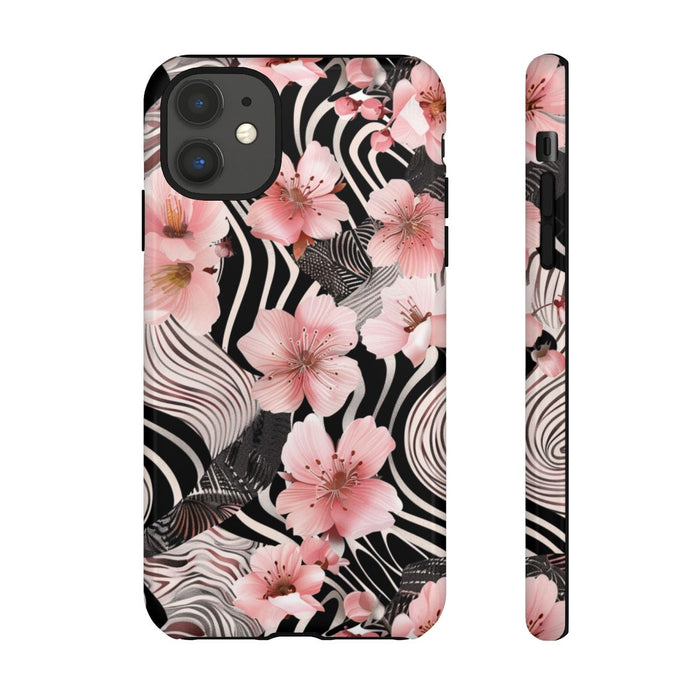 Roze Kersenbloesems met Zwart-Wit Abstract Patroon