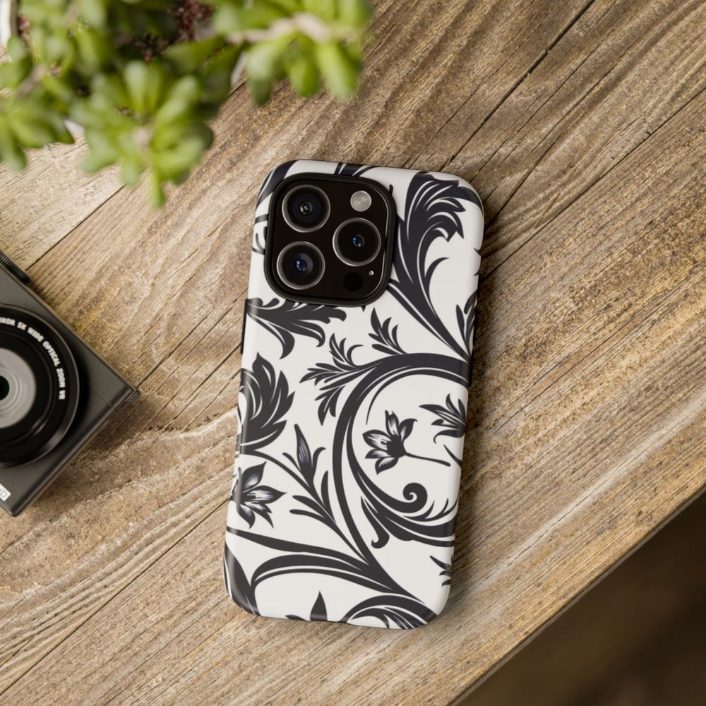 Zwart-Wit Bloemmotief met Sierlijke Krullen