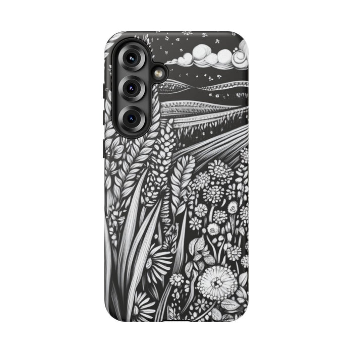 Zwart-Wit Folklore Landschap met Tarwe en Bloemen
