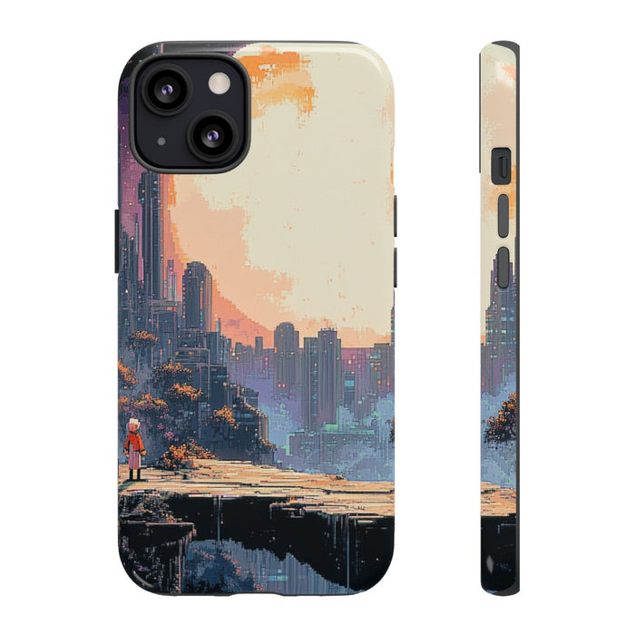 Pixel Art Stadsgezicht met Grote Maan