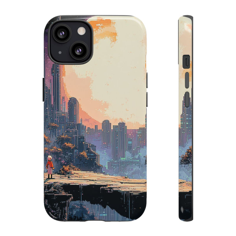 Pixel Art Stadsgezicht met Grote Maan