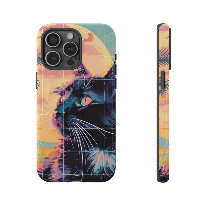 Lofi Vaporwave Kat met Zonsondergang en Palmen