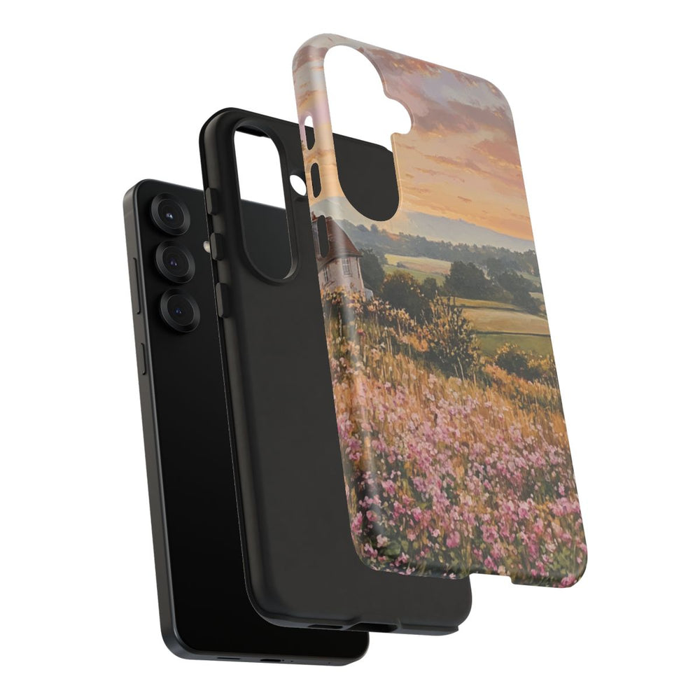 Landelijk Ochtendlandschap met Huisje en Bloemen