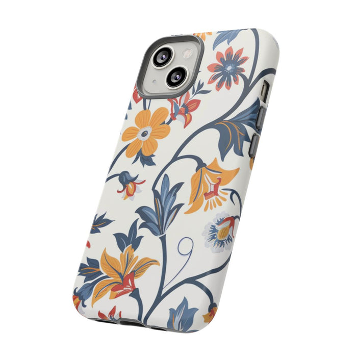 Retro Bloemenpatroon in Blauw, Rood en Geel