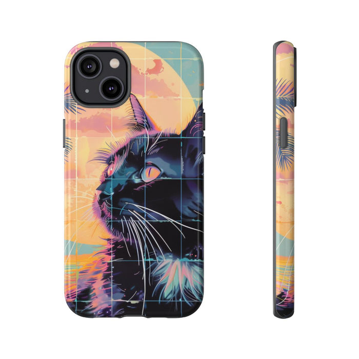 Lofi Vaporwave Kat met Zonsondergang en Palmen