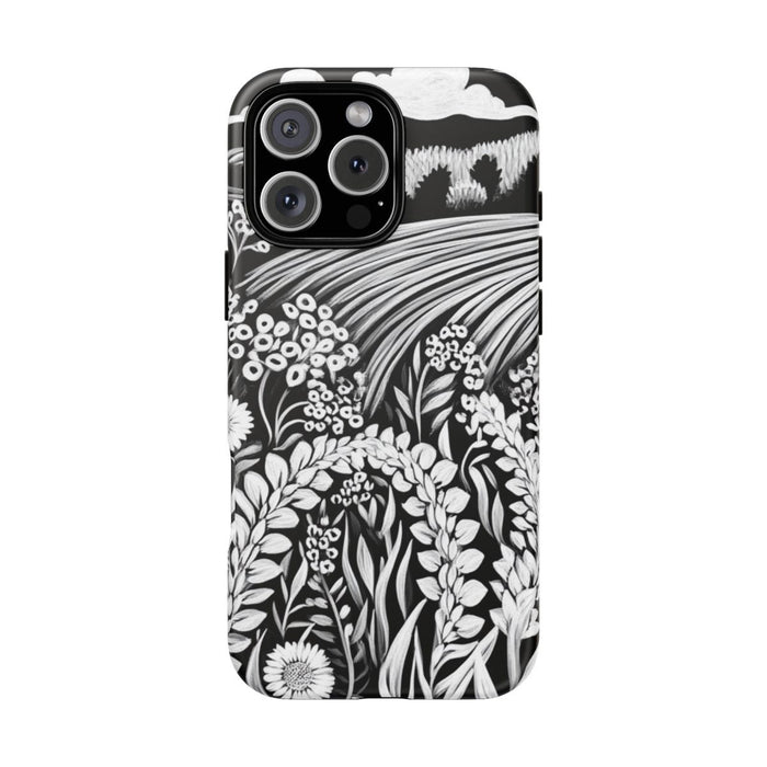 Zwart-Wit Folklore Landschap met Bloemen