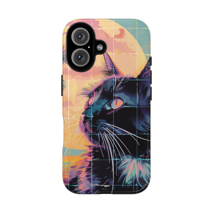 Lofi Vaporwave Kat met Zonsondergang en Palmen