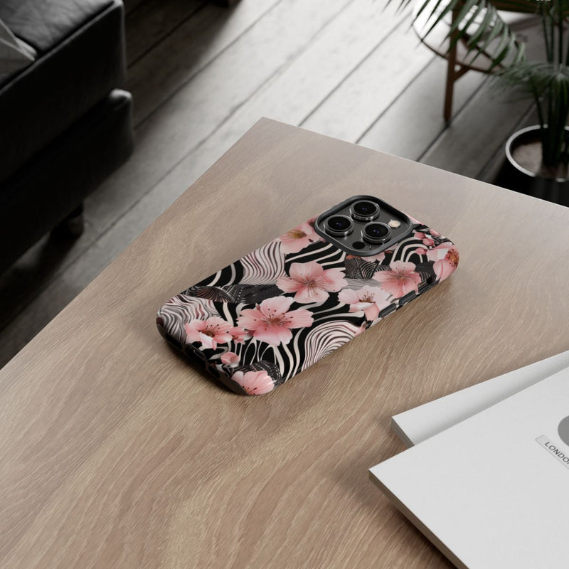 Roze Kersenbloesems met Zwart-Wit Abstract Patroon